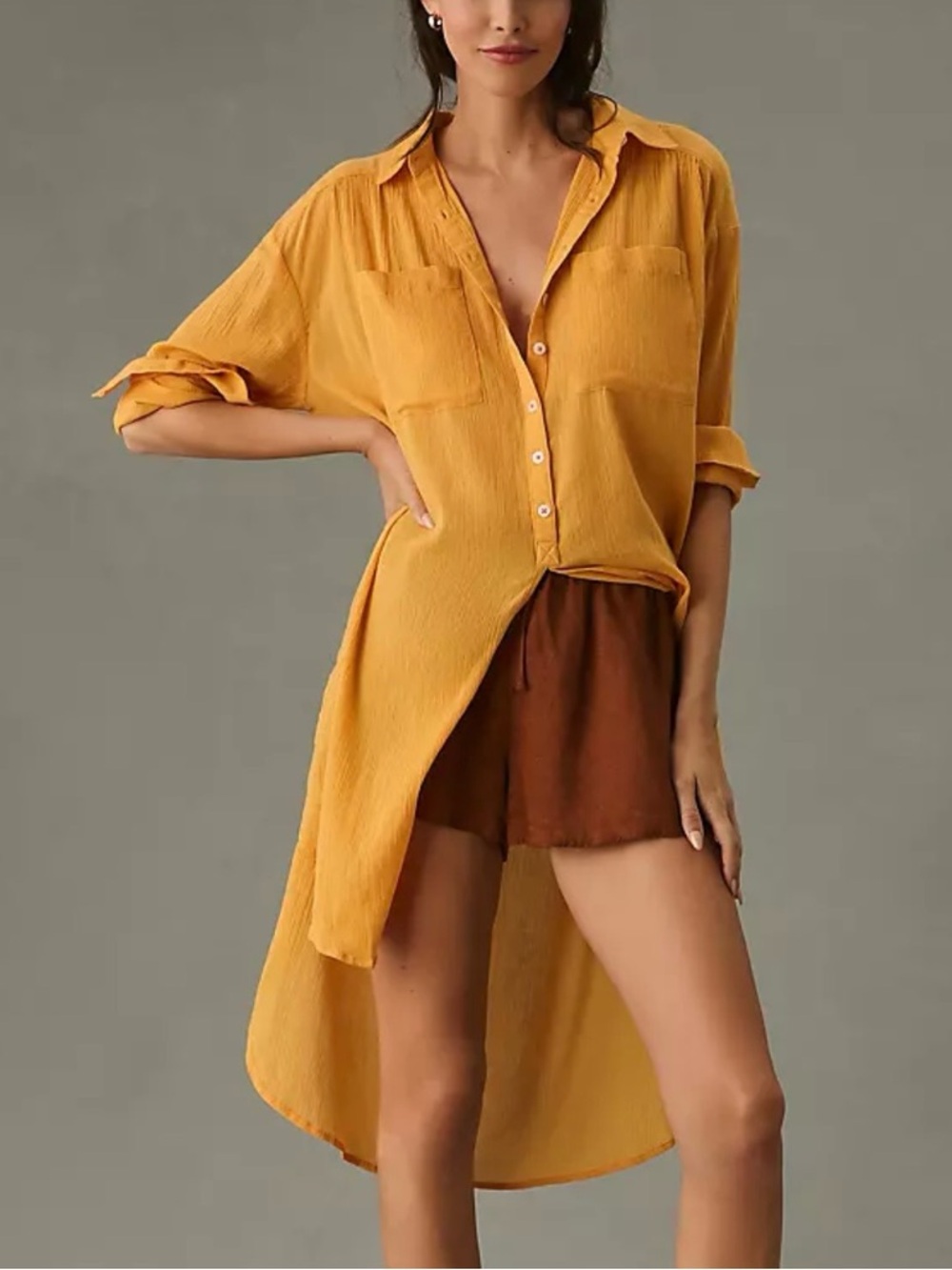 Anthropologie Duster Tunic Mustard High-Low Button Shirt Dress